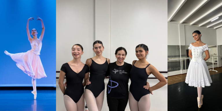 A collage of three images. On the left, a dancer on stage in a white dress. In the middle, three dancers in black leotards pose with their teacher. On the far right, another dancer poses on pointe in a white dress in a studio.