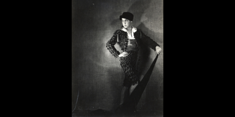 Black and white image of Michio Ito dressed as a matador for his 1927 piece Tango.