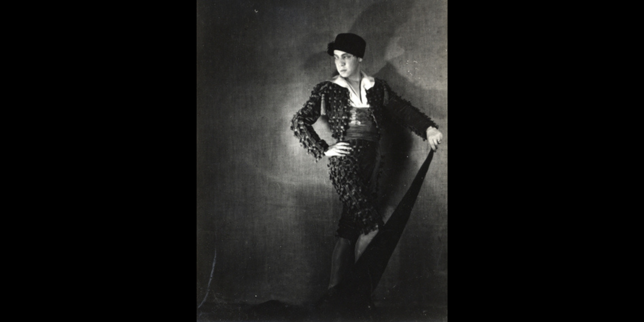 Black and white image of Michio Ito dressed as a matador for his 1927 piece Tango.