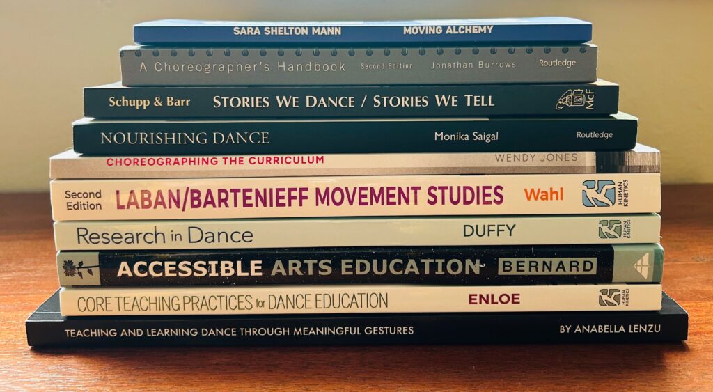 Image of a stack of dance pedagogy books