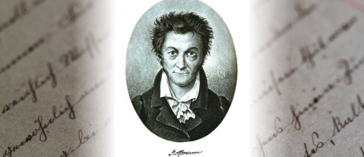 A drawn image of E.T.A. Hoffmann in the center, surrounded by a background of cursive writing.
