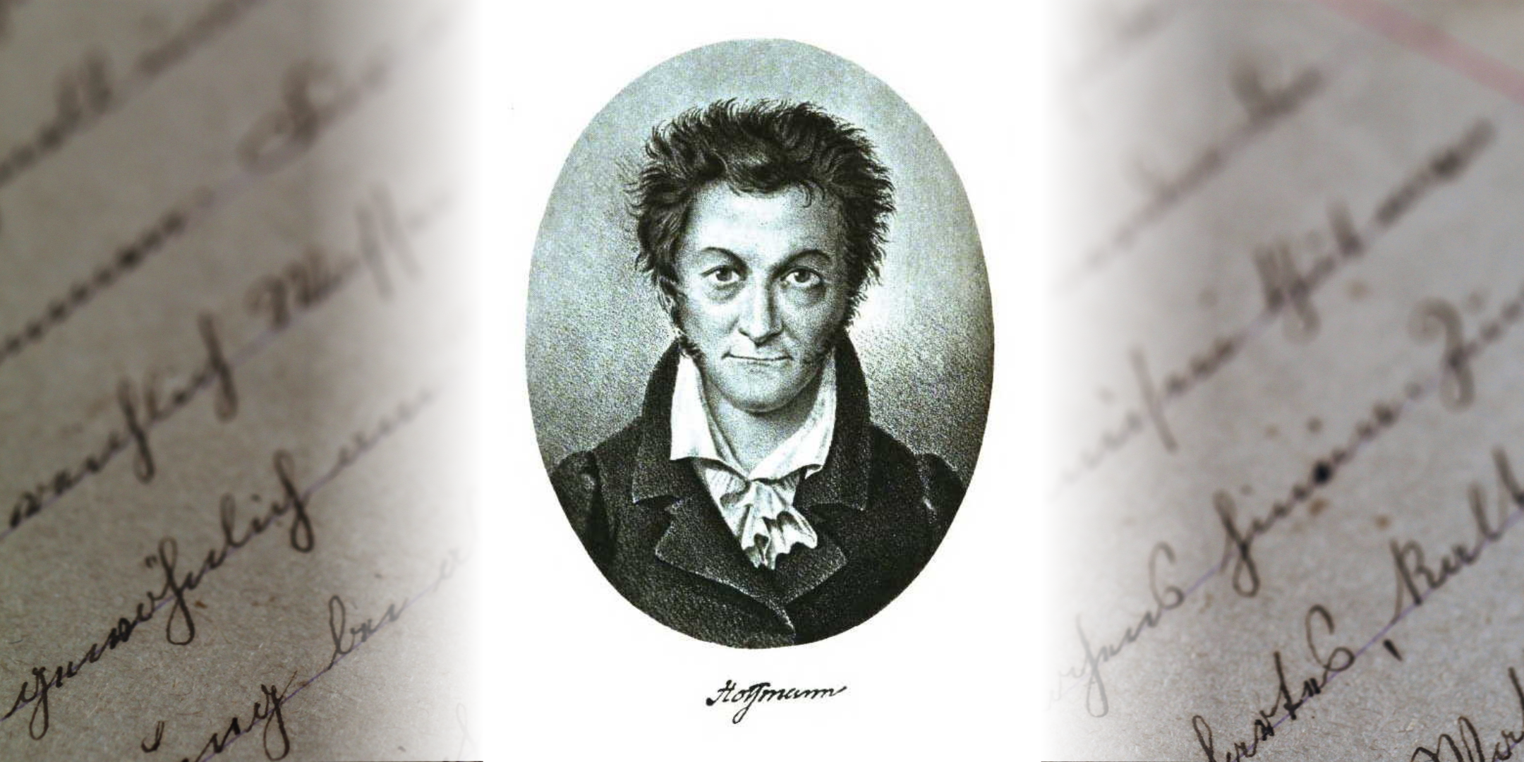 A drawn image of E.T.A. Hoffmann in the center, surrounded by a background of cursive writing.