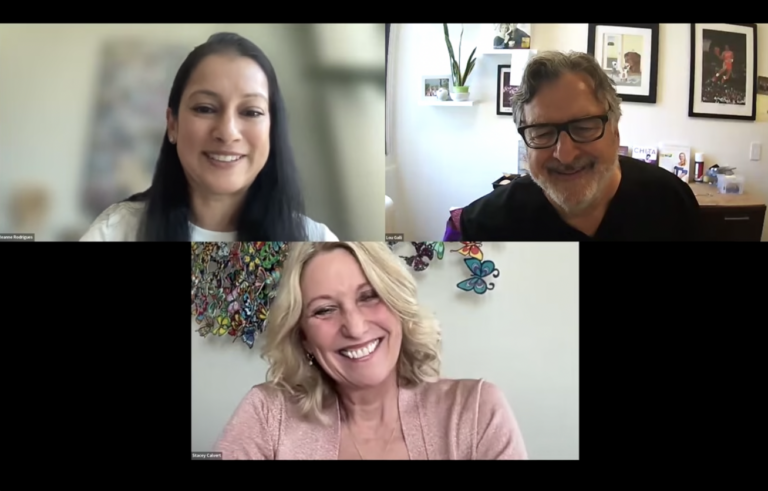 Three people speak on a video call. On the top left, Reanne Rodrigues, on the top right, Dr. Louis Galli, and on the bottom, Stacey Calvert.